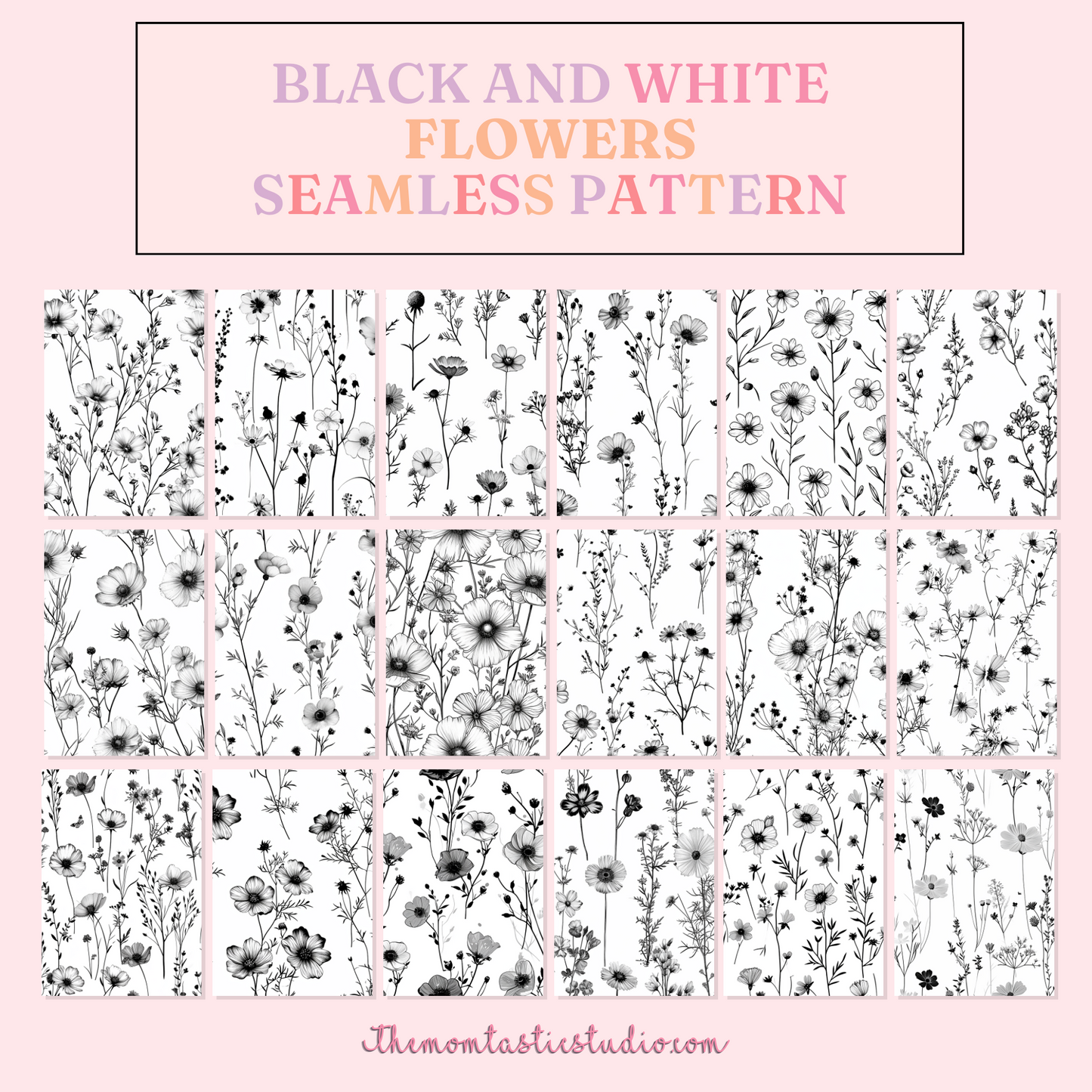 Black and White Flowers Seamless Pattern | Gift Wrappers | Digital Paper | Commercial Use