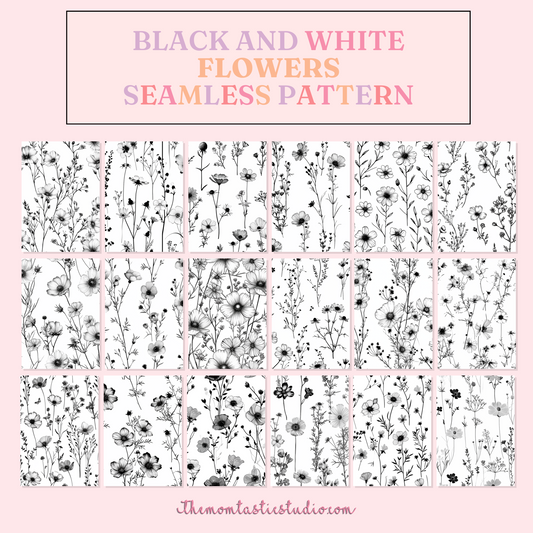 Black and White Flowers Seamless Pattern | Gift Wrappers | Digital Paper | Commercial Use