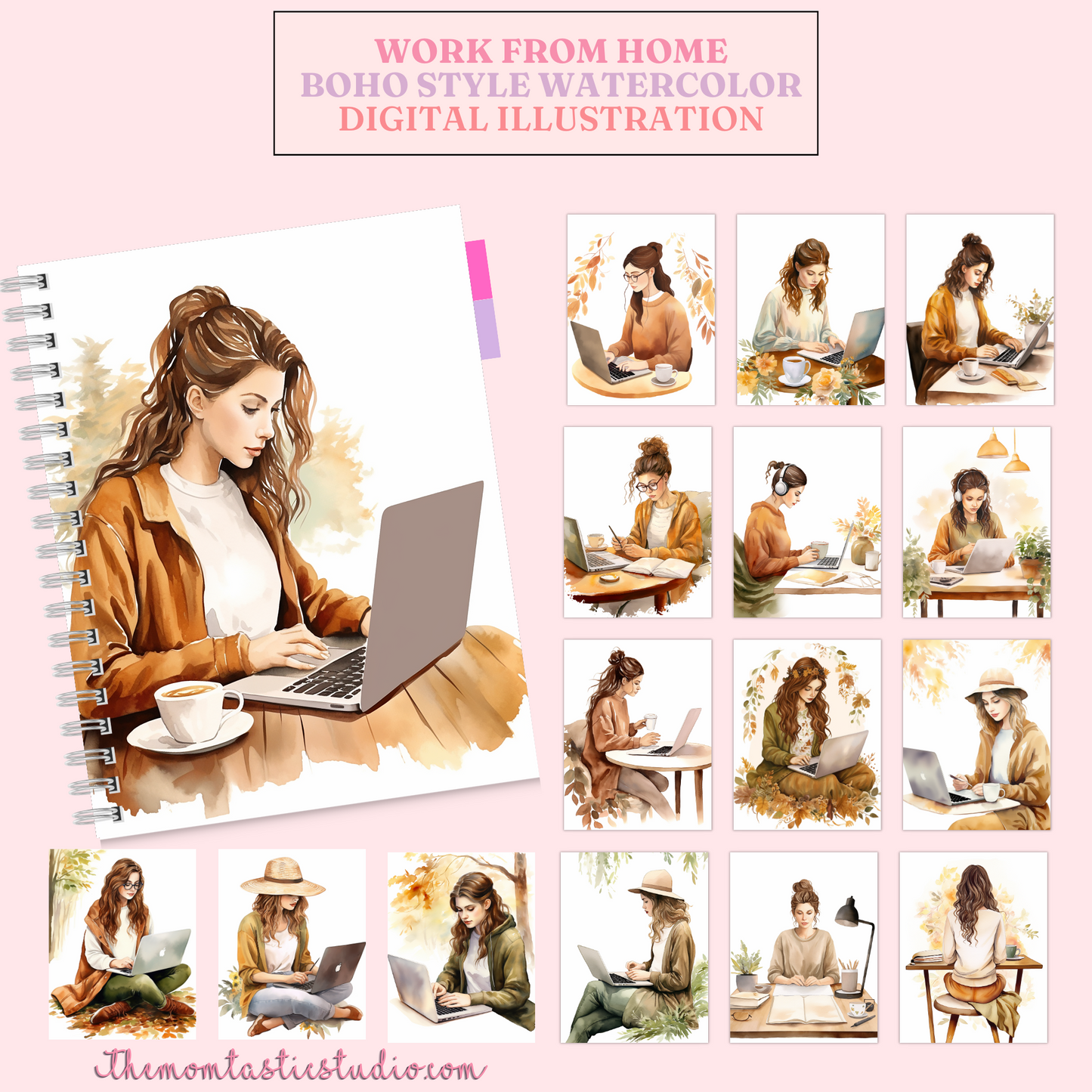 Work from Home Boho Style Digital Illustration 300DPI – Instant Download – Commercial Use