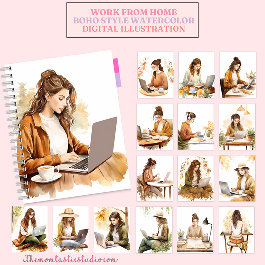 Work from Home Boho Style Digital Illustration 300DPI – Instant Download – Commercial Use