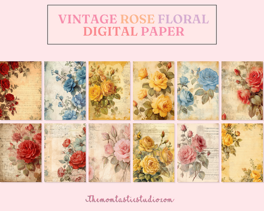 Vintage Rose Floral Digital Paper - Commercial Use (Not Seamless)