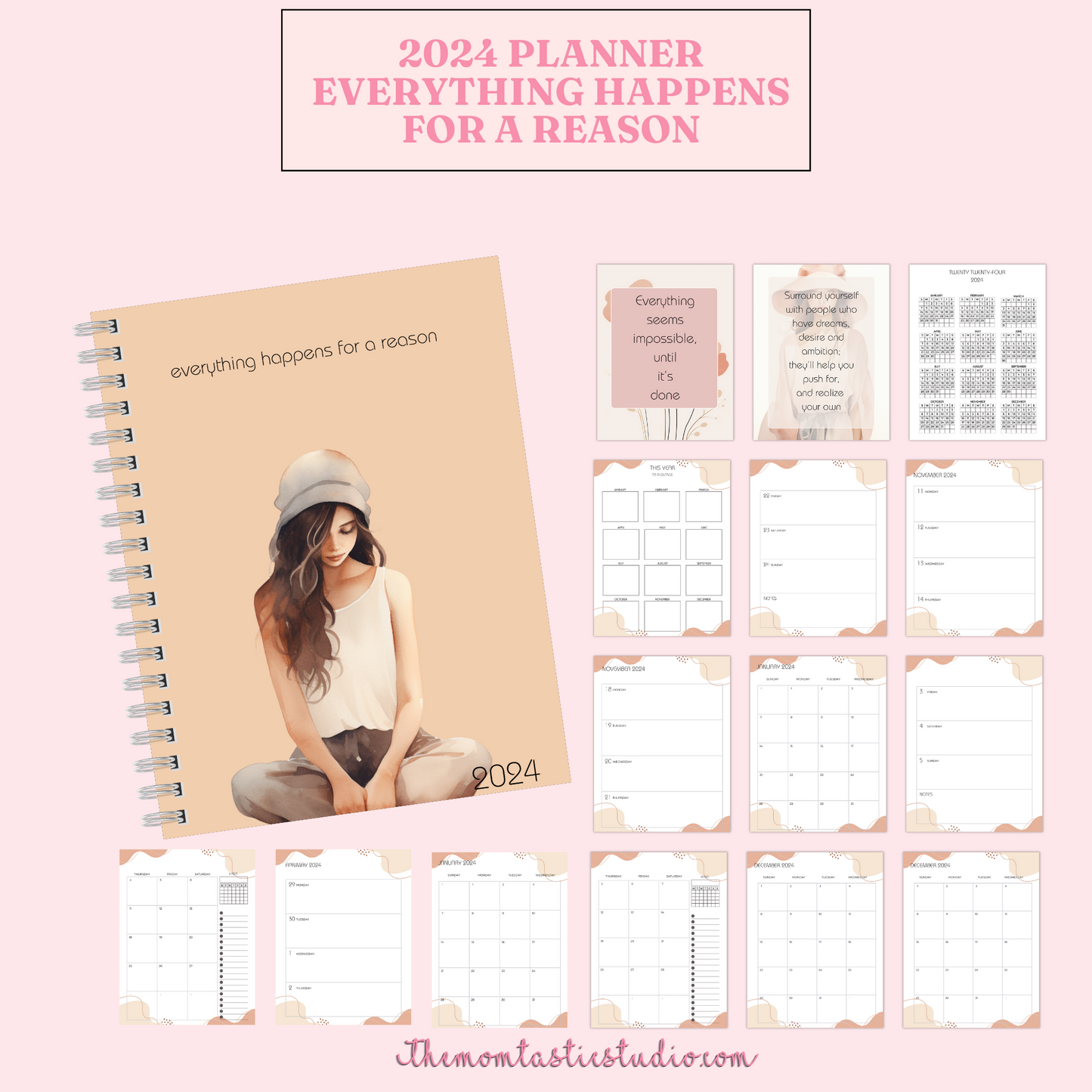 2024 Planner - Everything Happens for a Reason - Weekly Spread - Monthly View - PDF File