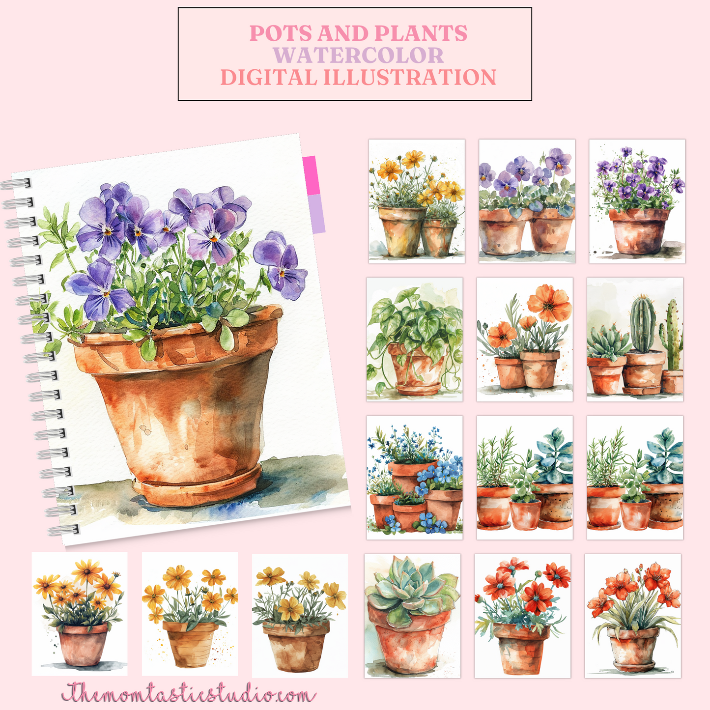 Pots and Plants Watercolor Digital Illustration 300DPI – Instant Download – Commercial Use