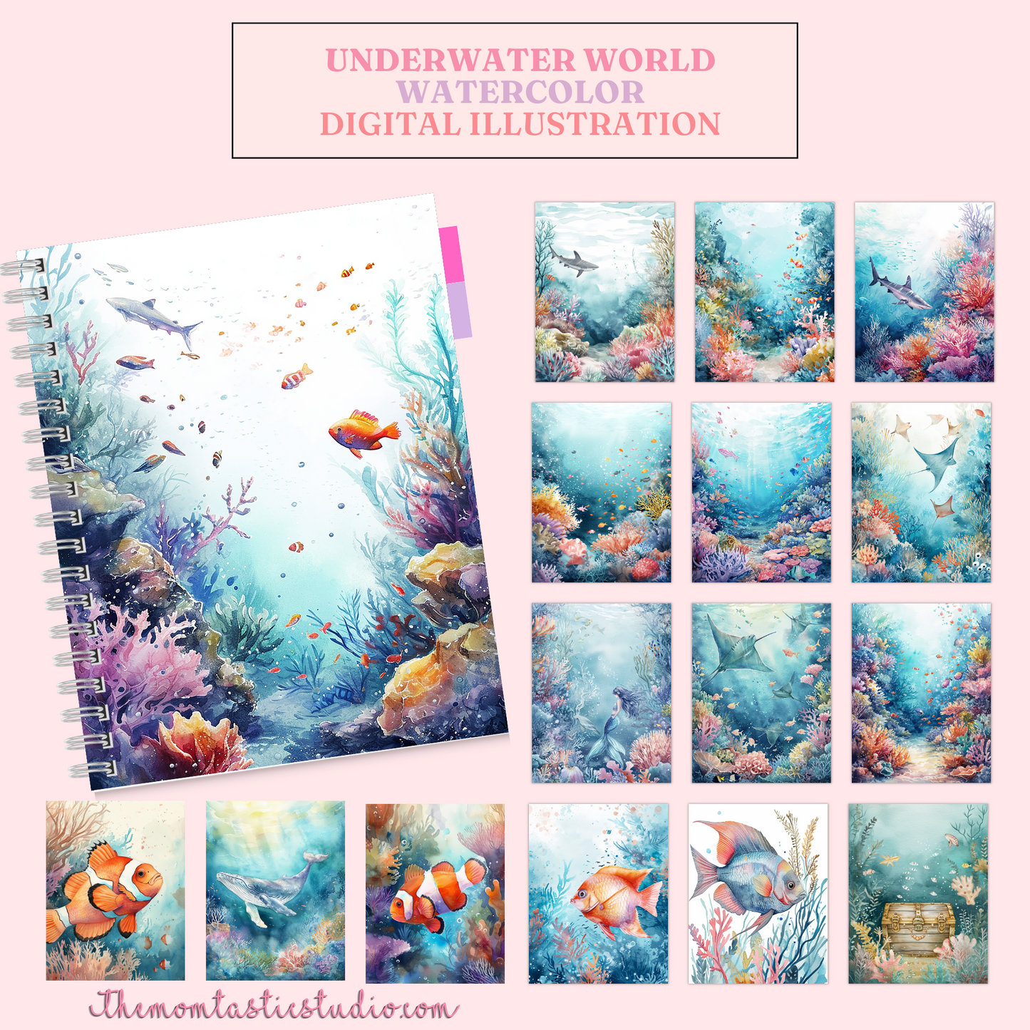 Underwater World Watercolor Digital Illustration 300DPI – Instant Download – Commercial Use