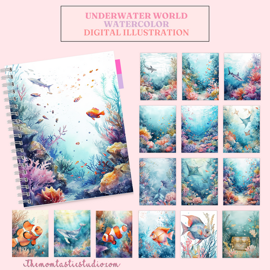 Underwater World Watercolor Digital Illustration 300DPI – Instant Download – Commercial Use