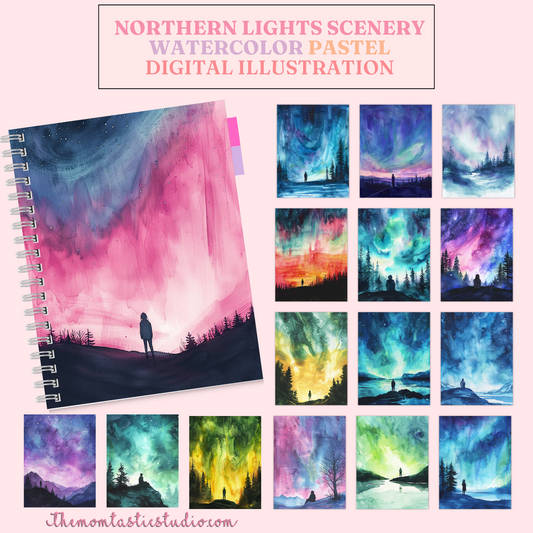 Northern Lights Scenery Watercolor Pastel Digital Illustration 300DPI – Instant Download – Commercial Use