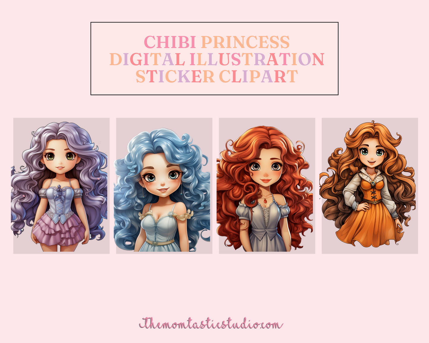 Chibi Princesses Sticker Clipart – Instant Download – High-Quality PNG - Transparent Background - Commercial Use