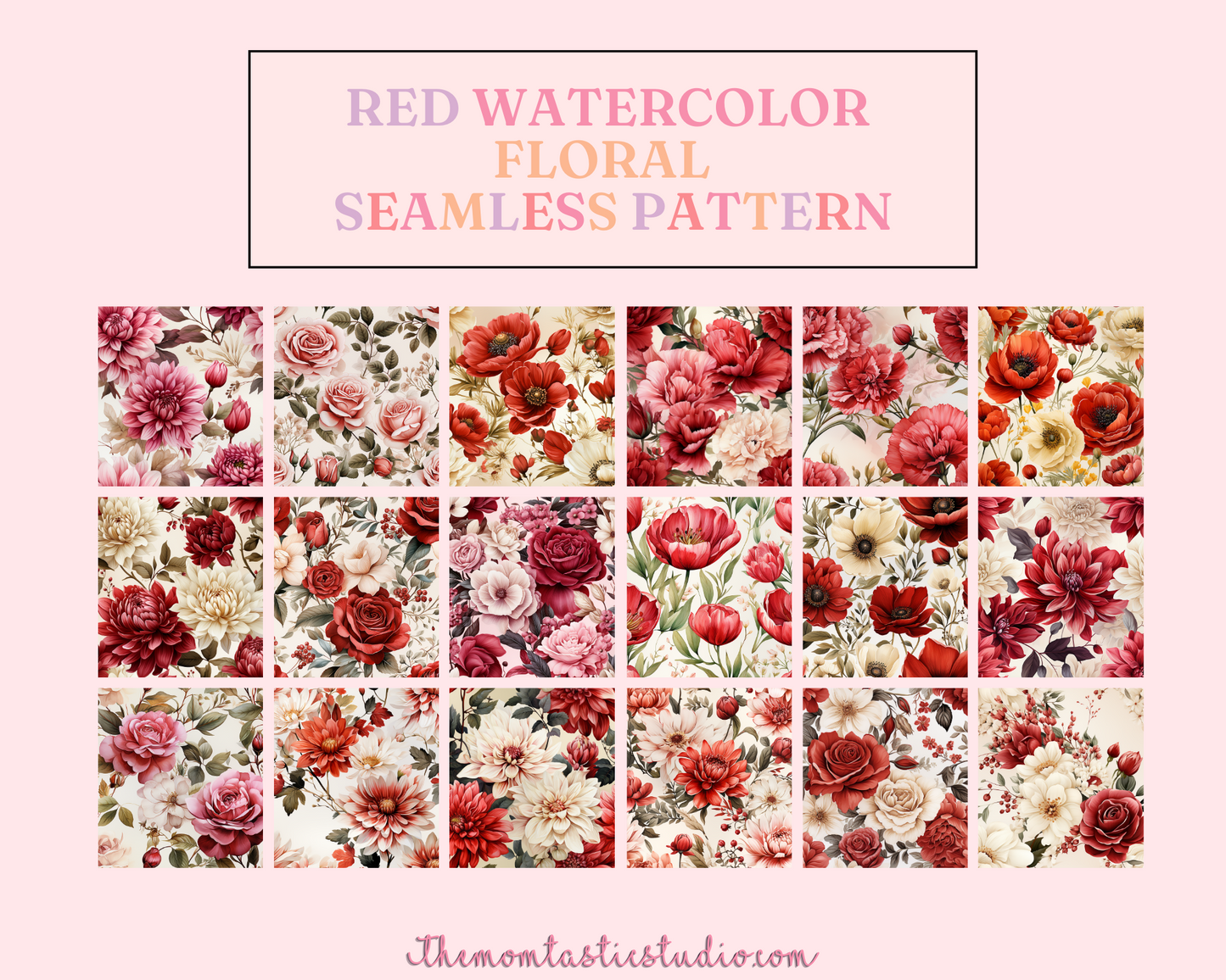 Red Watercolor Floral Seamless Pattern, Watercolor Pattern for Commercial Use