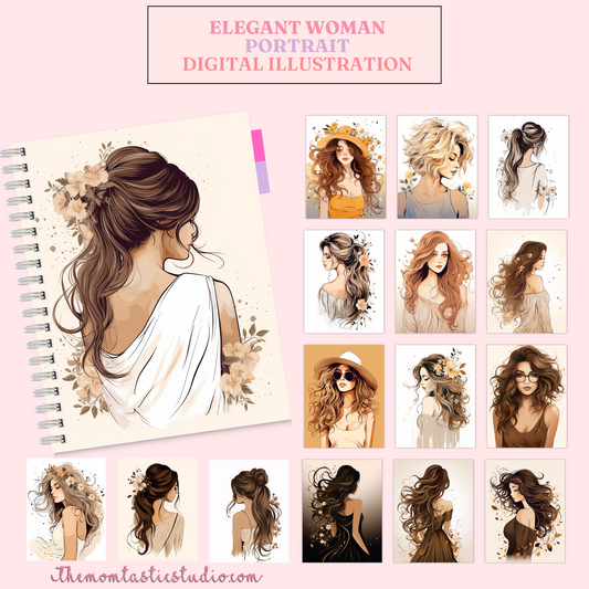 Elegant Woman Portrait Digital Illustration 300DPI – Instant Download – Commercial Use