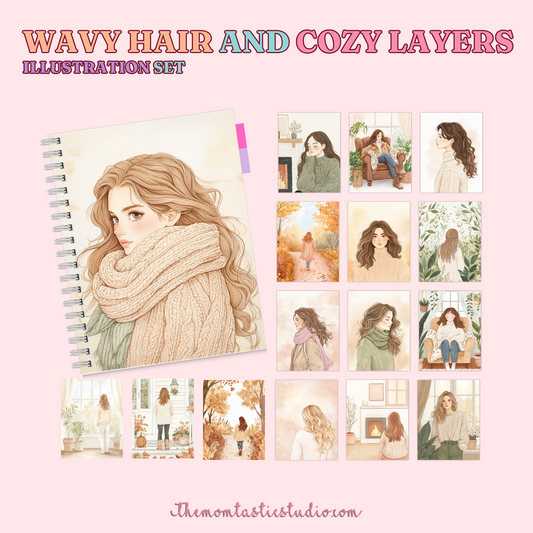 Wavy Hair and Cozy Layers Illustration Set - 300 DPI – Instant Download – Commercial Use