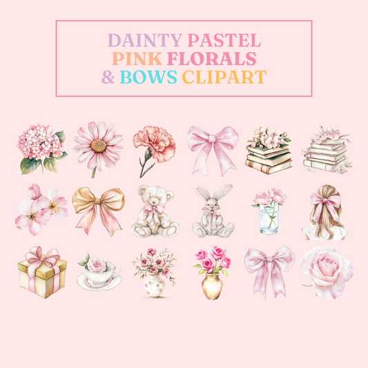 Dainty Pastel Pink Florals & Bows – Clipart Set - Planner Sticker - High-Quality PNG - Transparent Background - Commercial Use