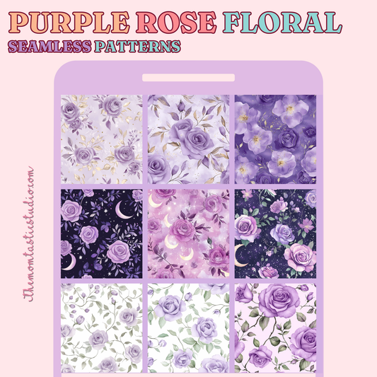 Purple Rose Floral Seamless Patterns for Commercial Use, Digital Paper - 300 DPI