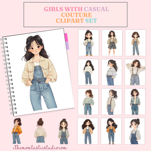 Girls with Casual Couture – Clipart Set - Planner Sticker - High-Quality PNG - Transparent Background - Commercial Use