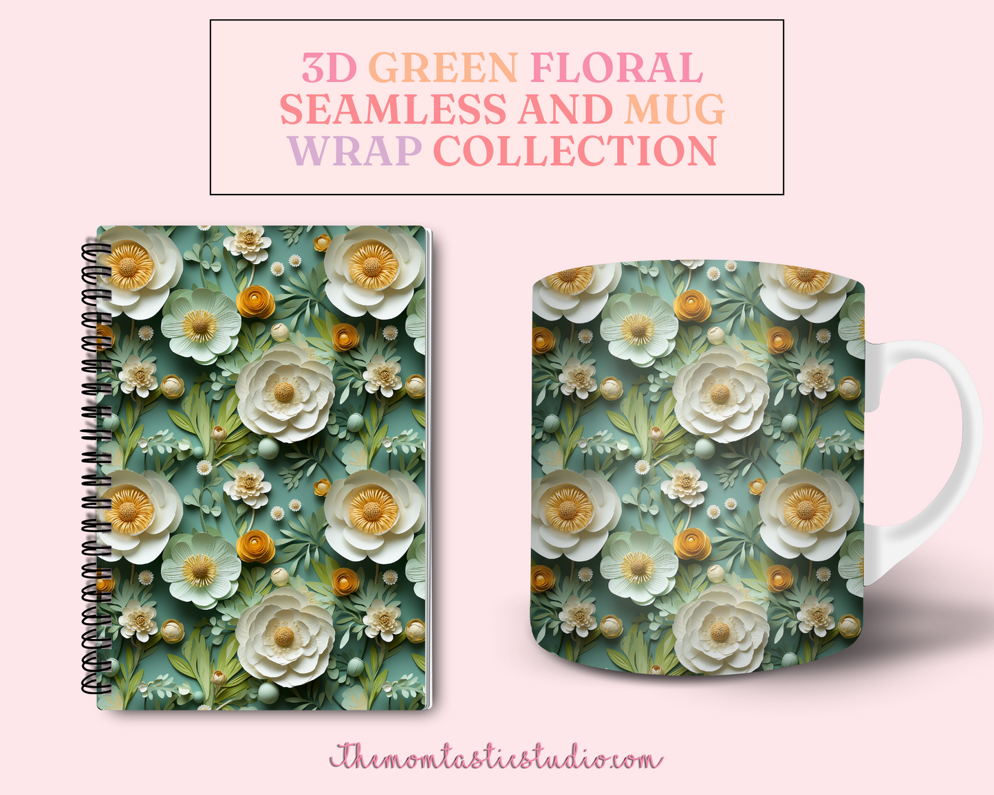 3D Green Floral (Seamless, A4, and Mug Wrap Format) - Commercial Use