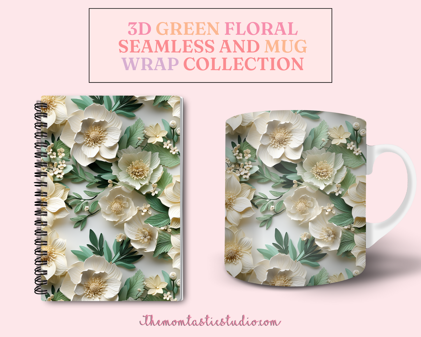 3D Green Floral (Seamless, A4, and Mug Wrap Format) - Commercial Use