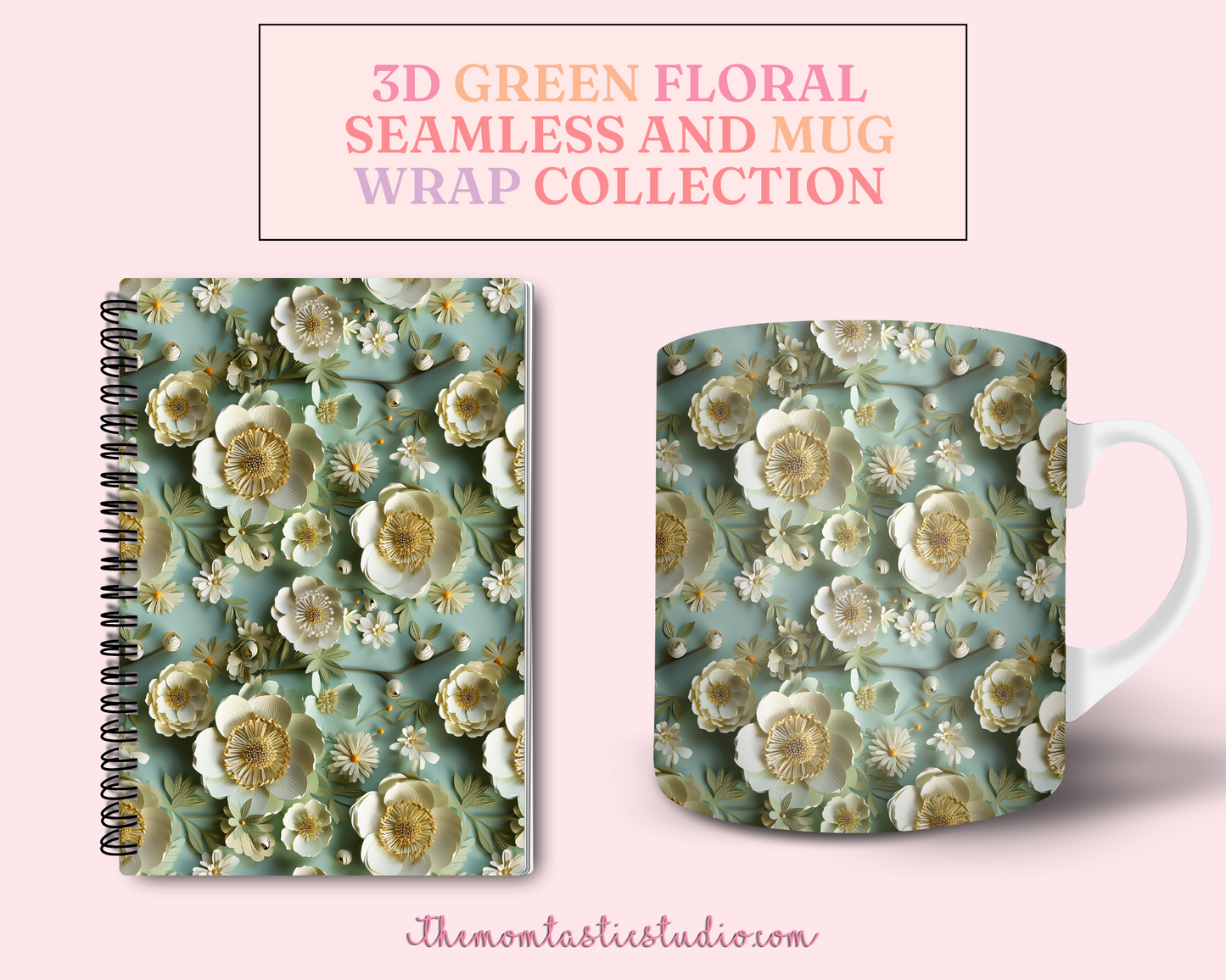 3D Green Floral (Seamless, A4, and Mug Wrap Format) - Commercial Use