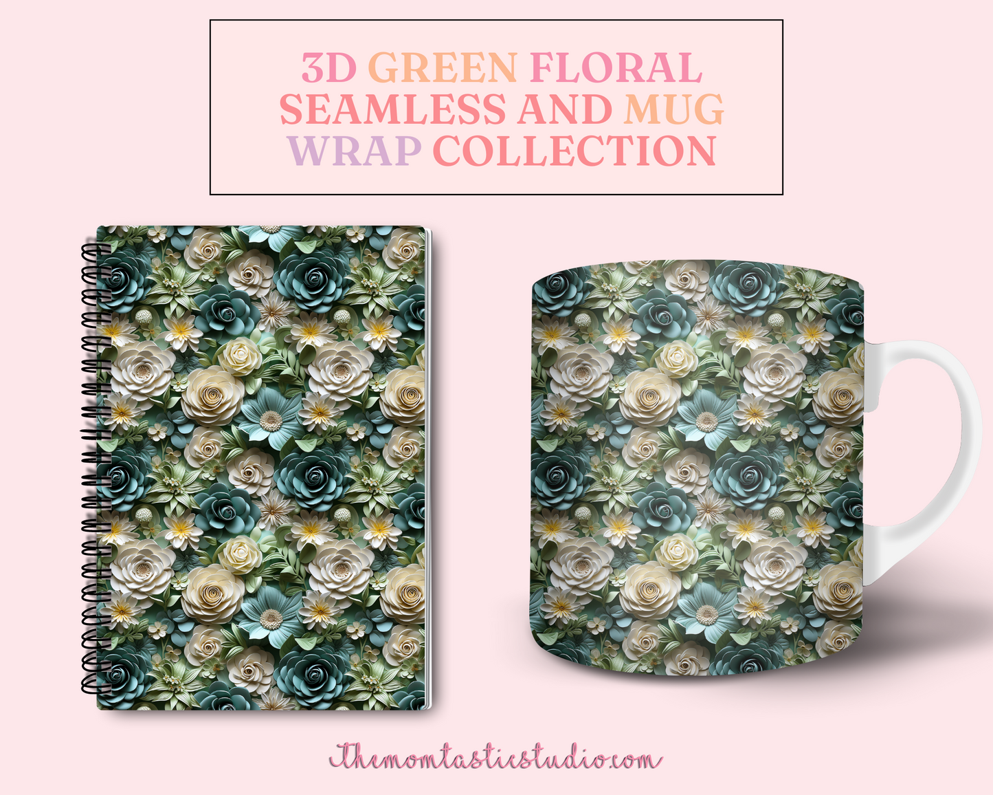 3D Green Floral (Seamless, A4, and Mug Wrap Format) - Commercial Use