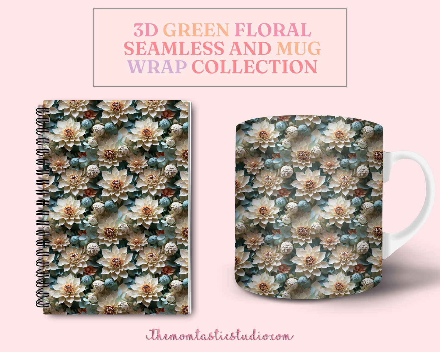 3D Green Floral (Seamless, A4, and Mug Wrap Format) - Commercial Use