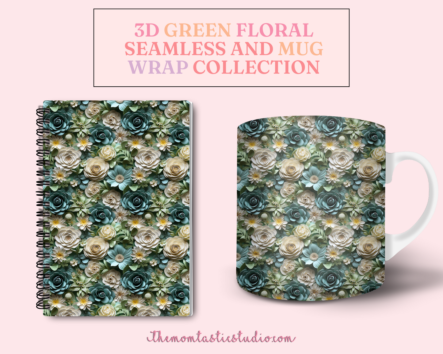 3D Green Floral (Seamless, A4, and Mug Wrap Format) - Commercial Use