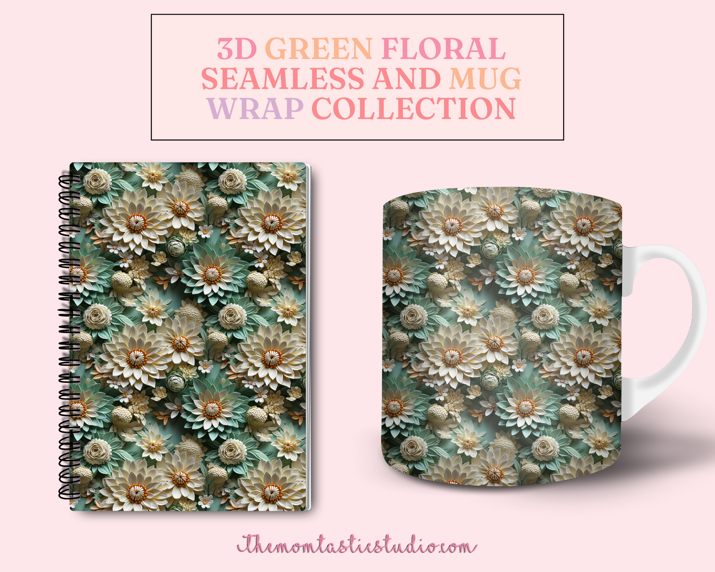 3D Green Floral (Seamless, A4, and Mug Wrap Format) - Commercial Use