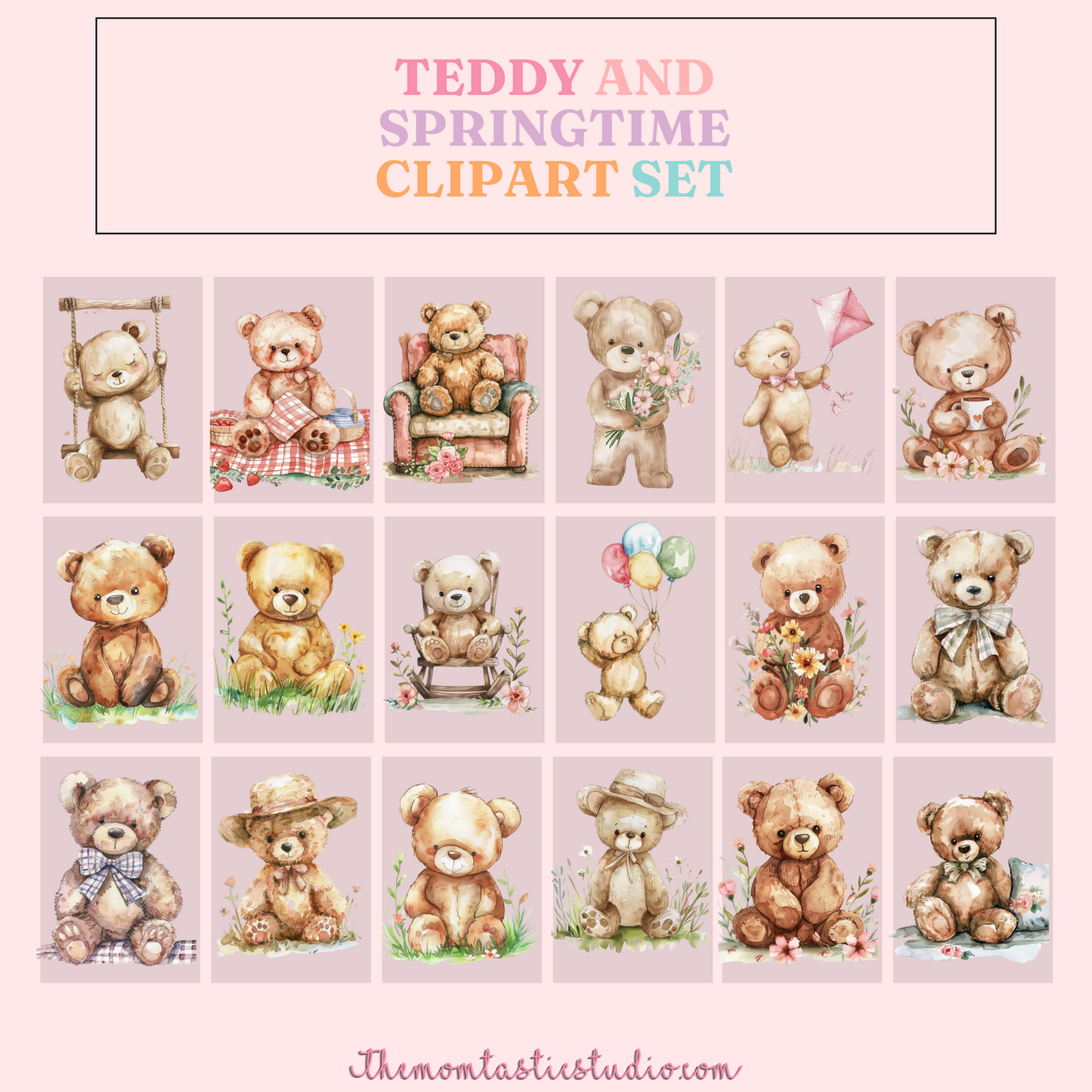 Teddy and Springtime – Clipart Set - High-Quality PNG - Transparent Background - Commercial Use