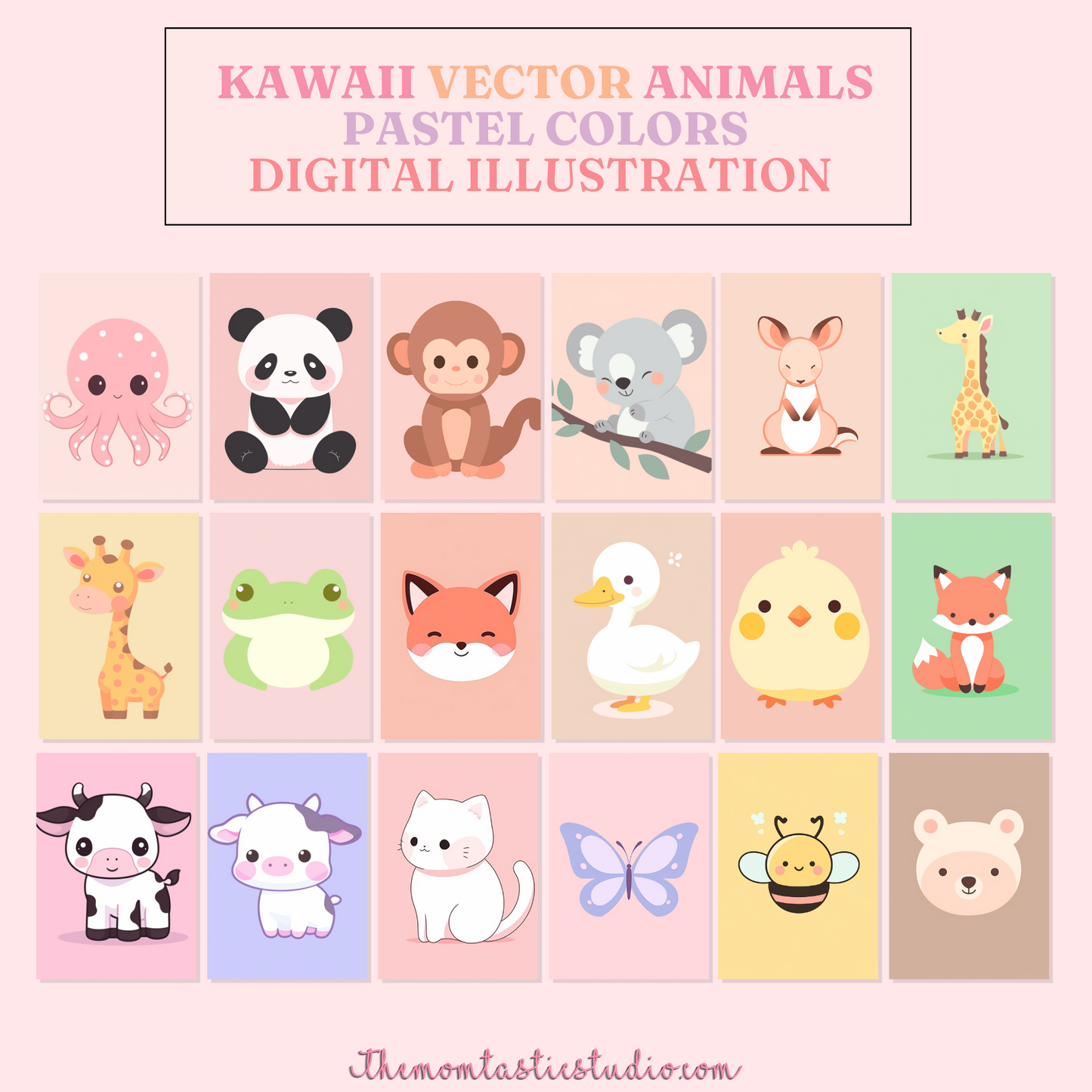 Kawaii Vector Animals Pastel Colors Digital Illustration 300DPI – Instant Download – Commercial Use