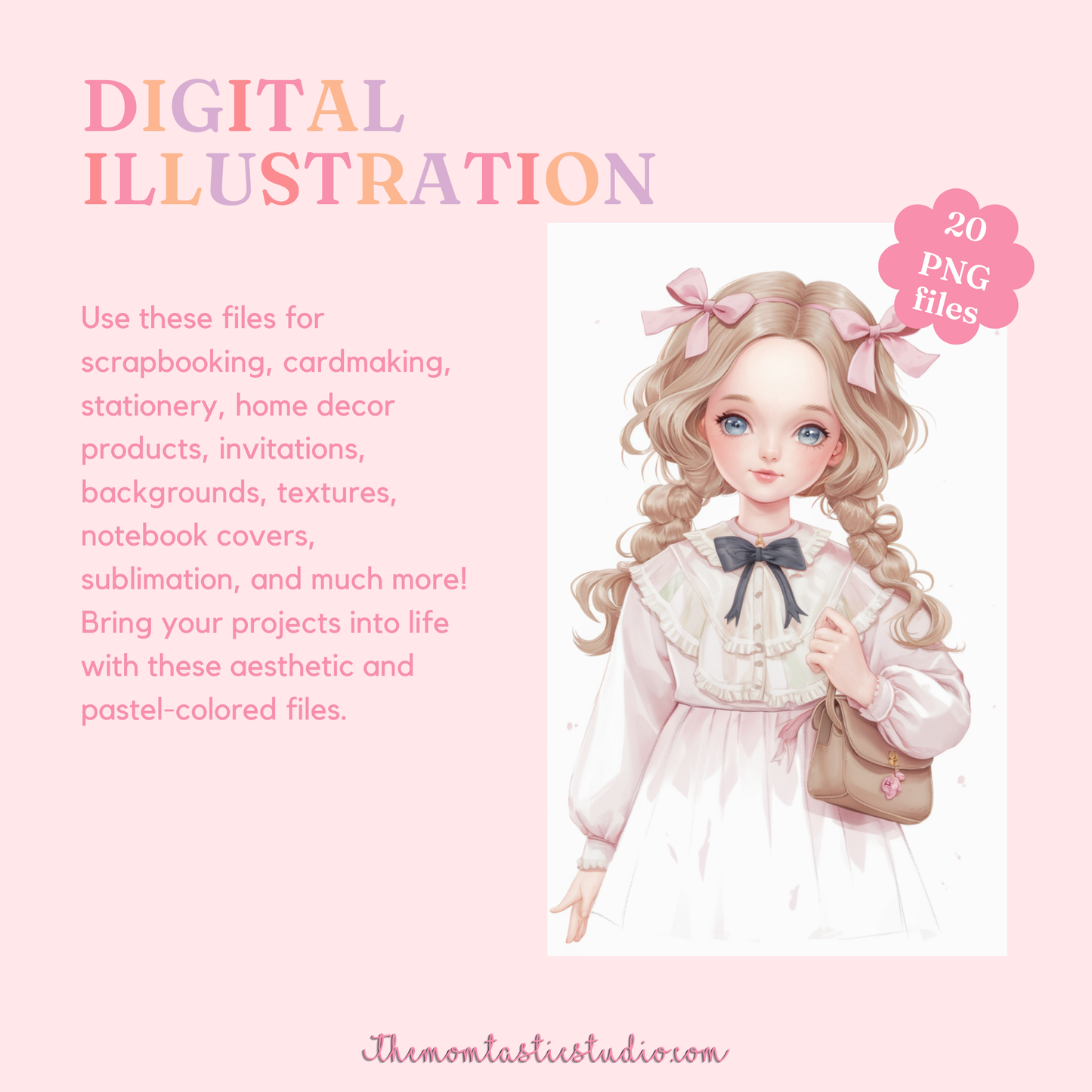 Girl with Pink Bows Illustration - 300 DPI – Instant Download – Commercial Use