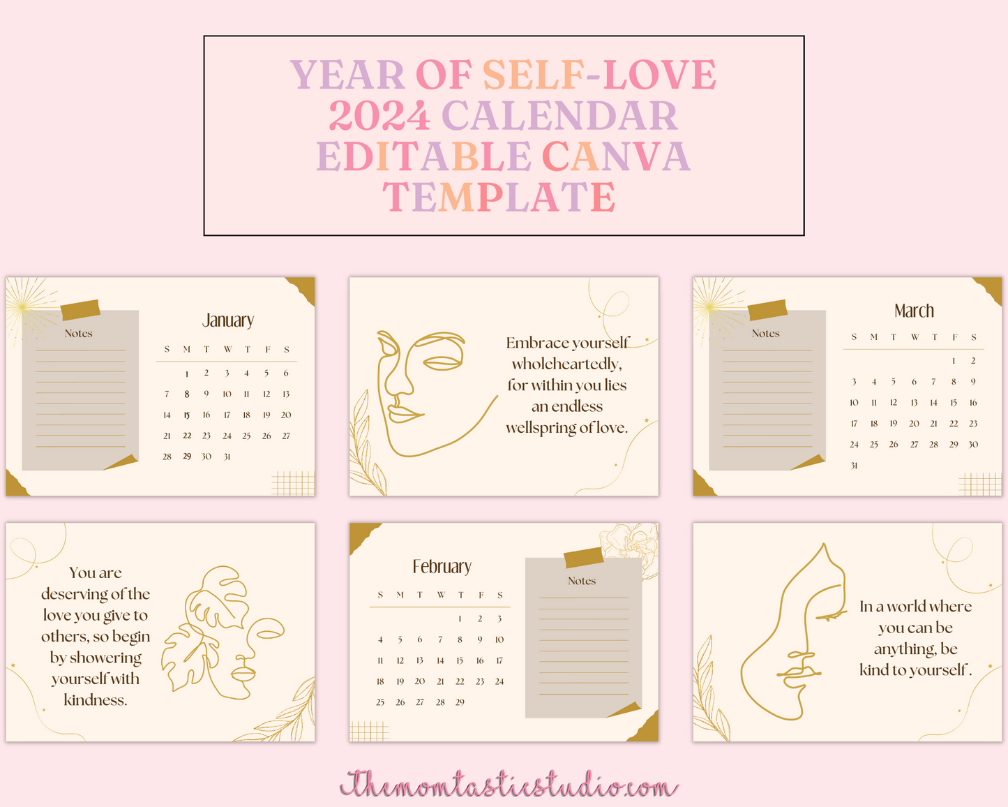 2024 Template | Year of Self-Love Calendar Printable | Canva Editable | Commercial Use