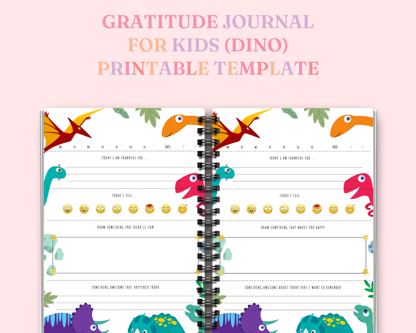 Gratitude Journal for Kids - Dino - Printable Template - A4 - PDF File - Commercial License - Reseller Rights