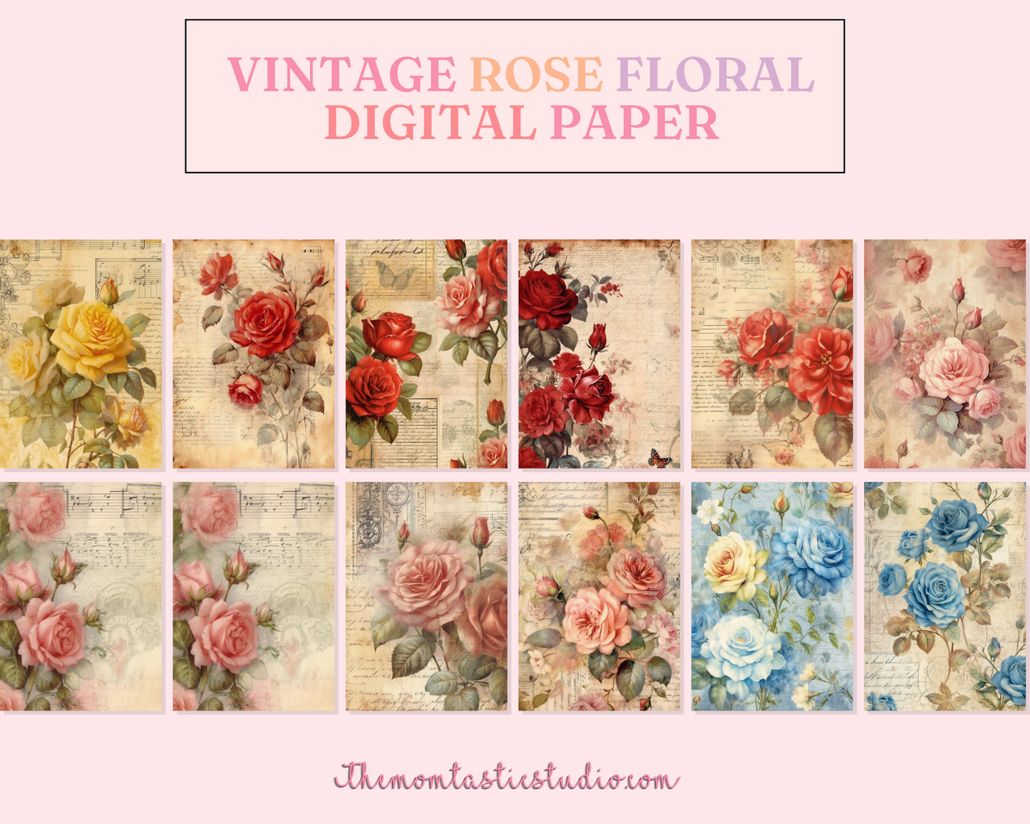 Vintage Rose Floral Digital Paper - Commercial Use (Not Seamless)