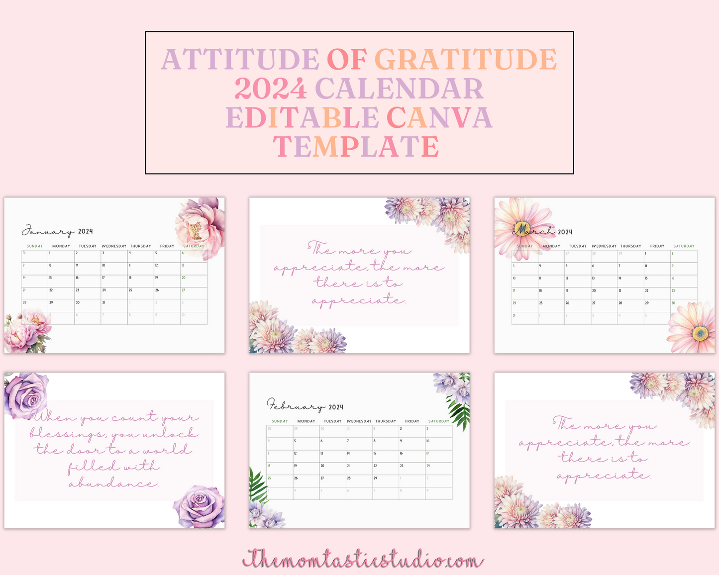 2024 Template | Attitude of Gratitude Calendar Printable | Canva Editable | Commercial Use