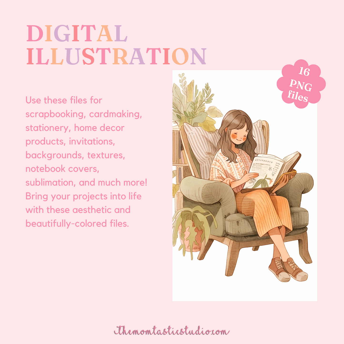 Girl Reading on a Chair Digital Illustration 300DPI – Instant Download – Commercial Use