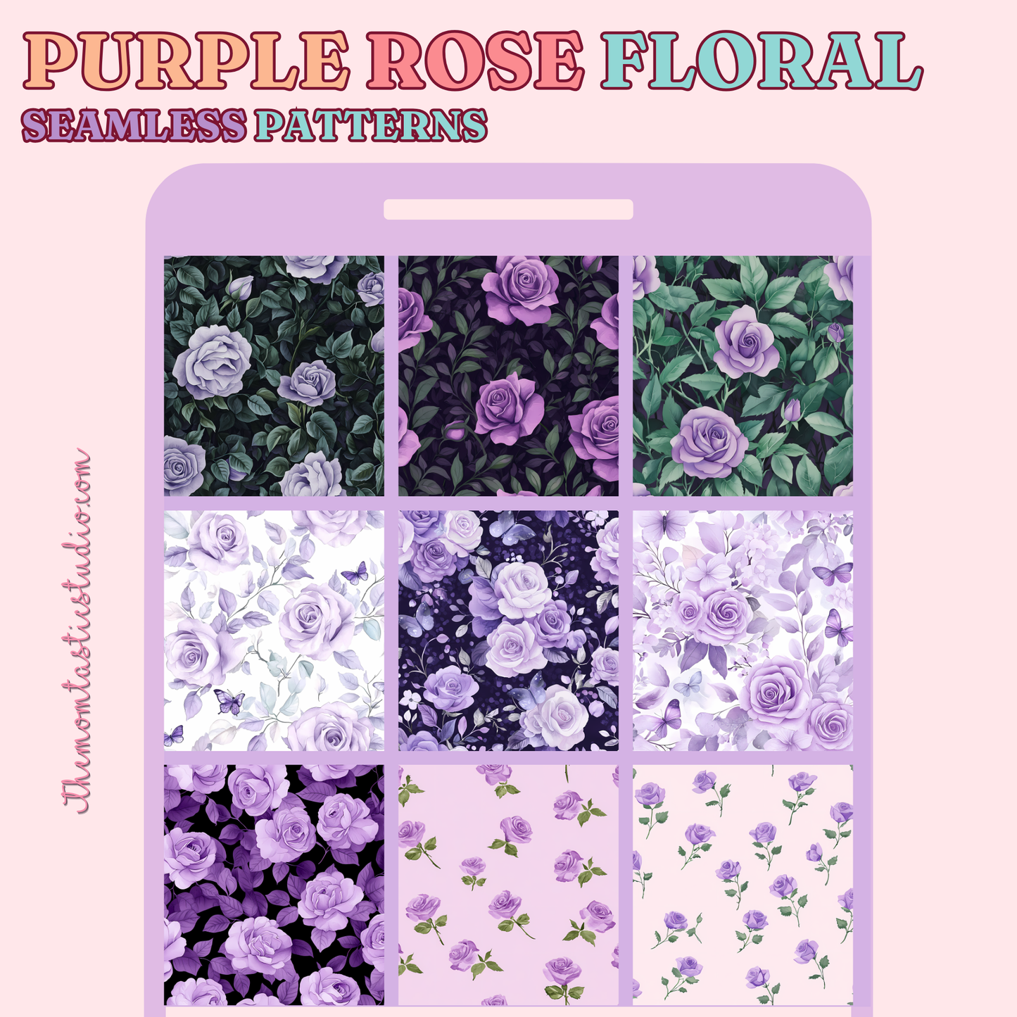 Purple Rose Floral Seamless Patterns for Commercial Use, Digital Paper - 300 DPI