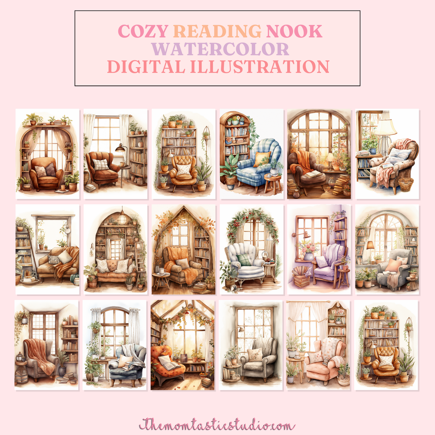 Cozy Reading Nook Watercolor Digital Illustration 300DPI – Instant Download – Commercial Use