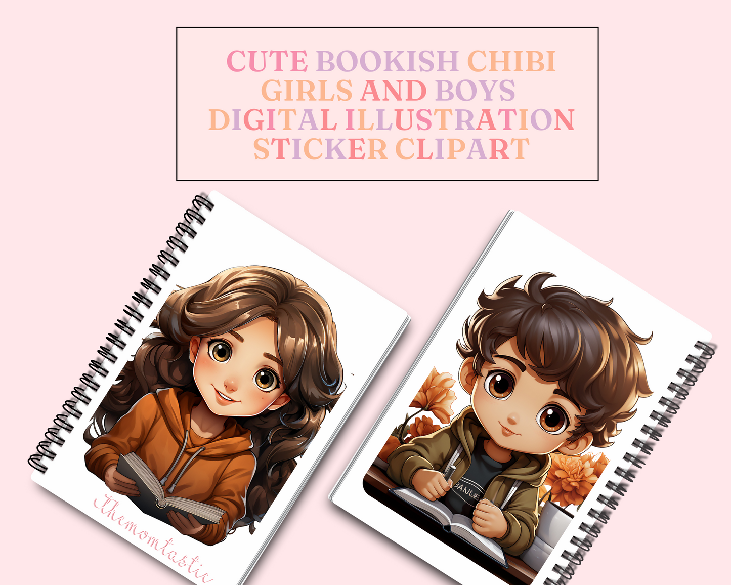 Cute Bookish Chibi Girls and Boys Sticker Clipart – Instant Download – High-Quality PNG - Transparent Background - Commercial Use