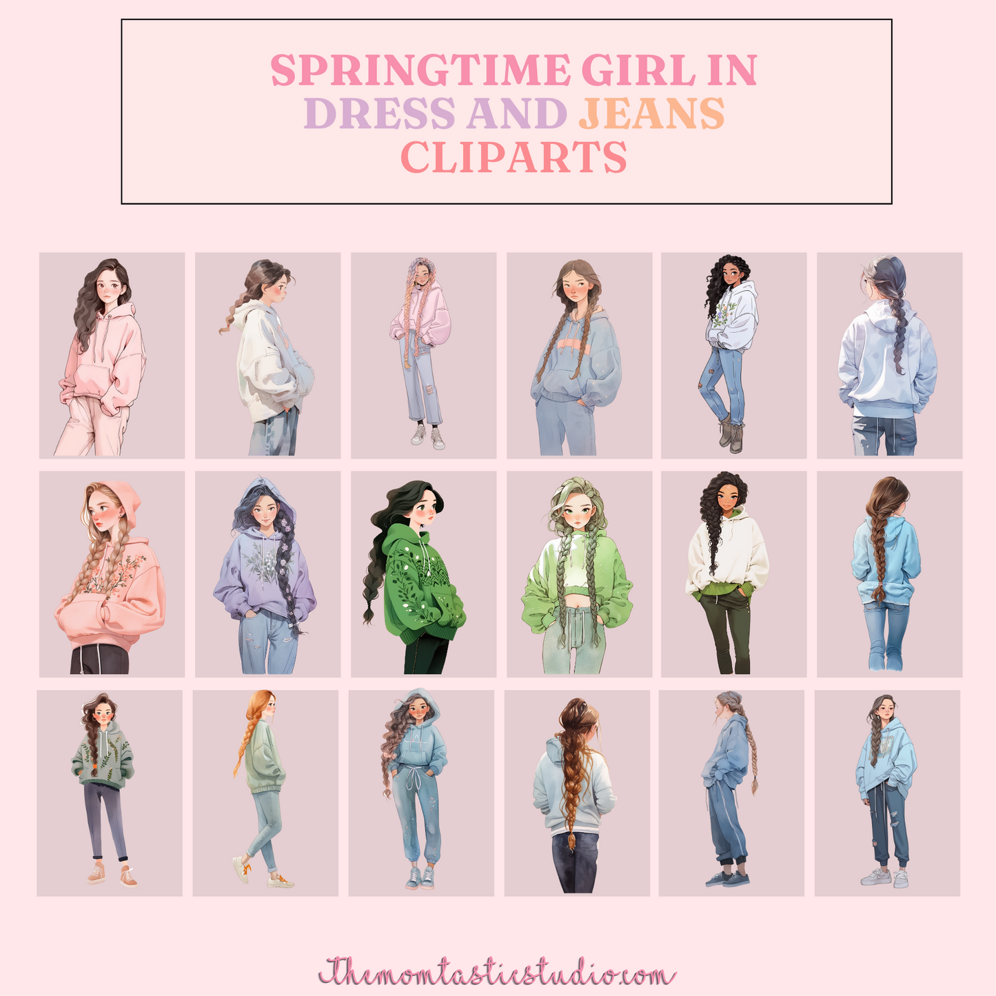 Springtime Girls in Dress and Jeans – High-Quality PNG - Transparent Background - Commercial Use