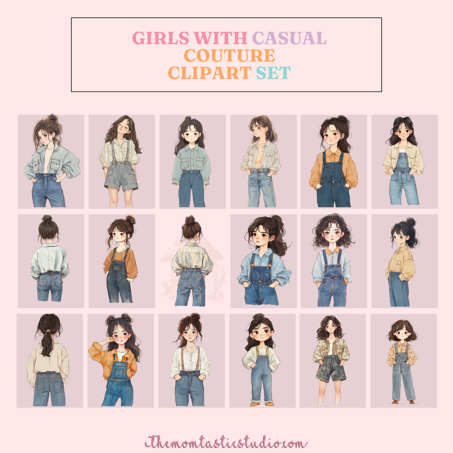 Girls with Casual Couture – Clipart Set - Planner Sticker - High-Quality PNG - Transparent Background - Commercial Use