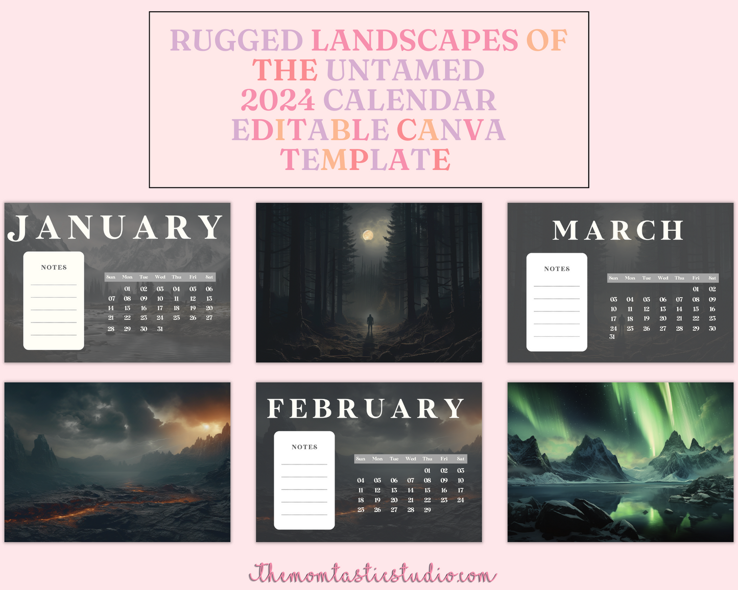2024 Template | Rugged Landscapes Calendar Printable | Canva Editable | Commercial Use