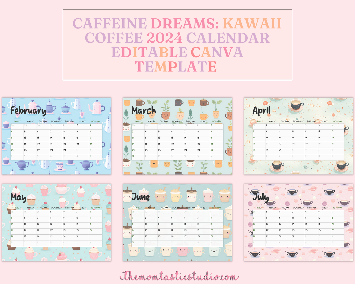 2024 Template | Kawaii Coffee Calendar Printable | Canva Editable | Commercial Use