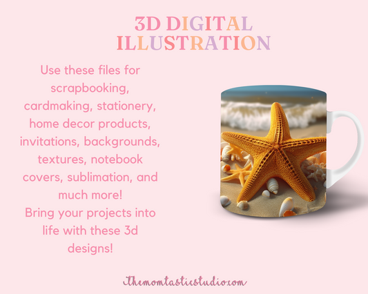 3D Seashells and Beach Mug Wrap (11OZ and 15OZ) - Commercial Use, 8 Designs, Beach Mug, Seashells Mug, Sublimation Wrap
