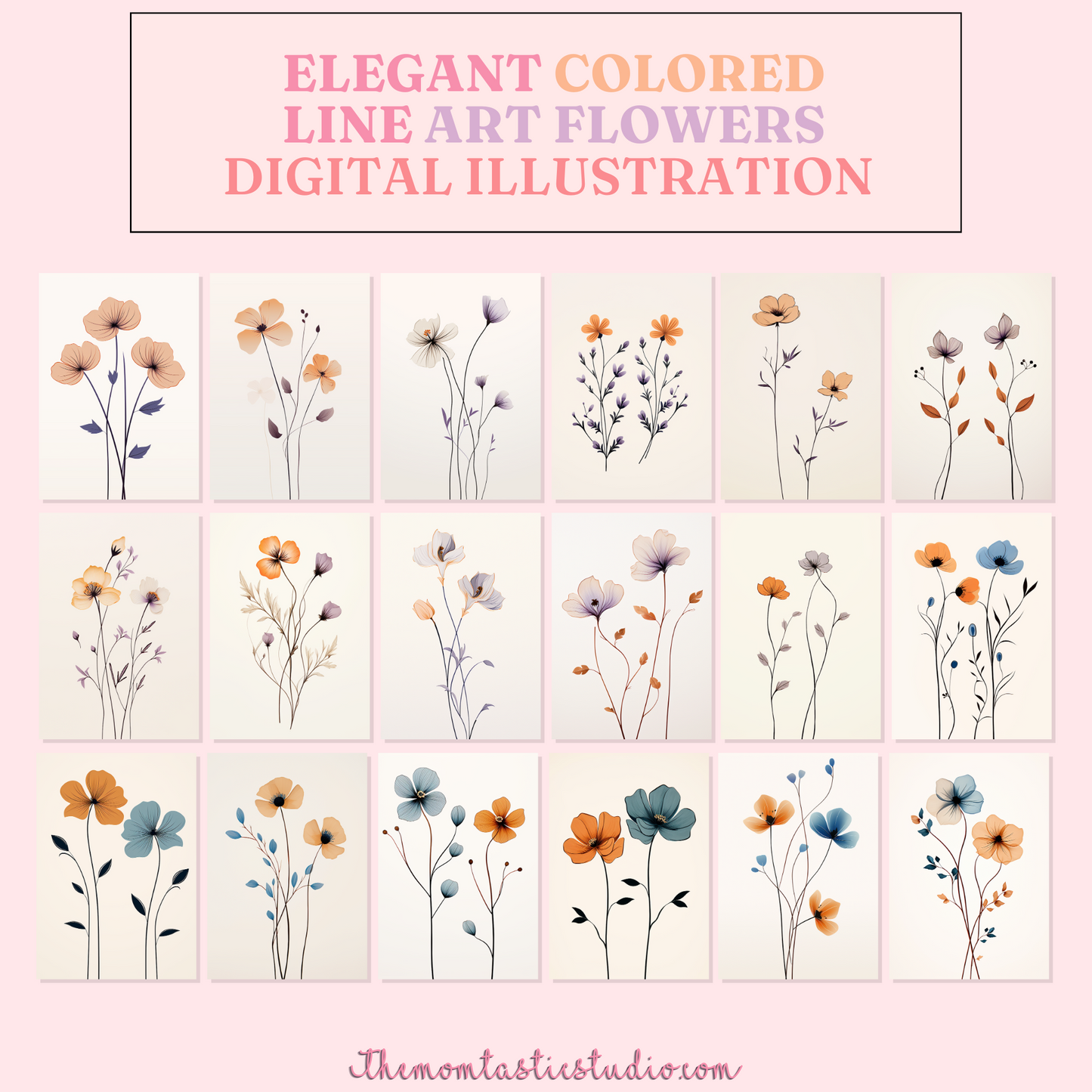 Elegant Colored Line Art Flowers Digital Illustration 300DPI – Instant Download – Commercial Use