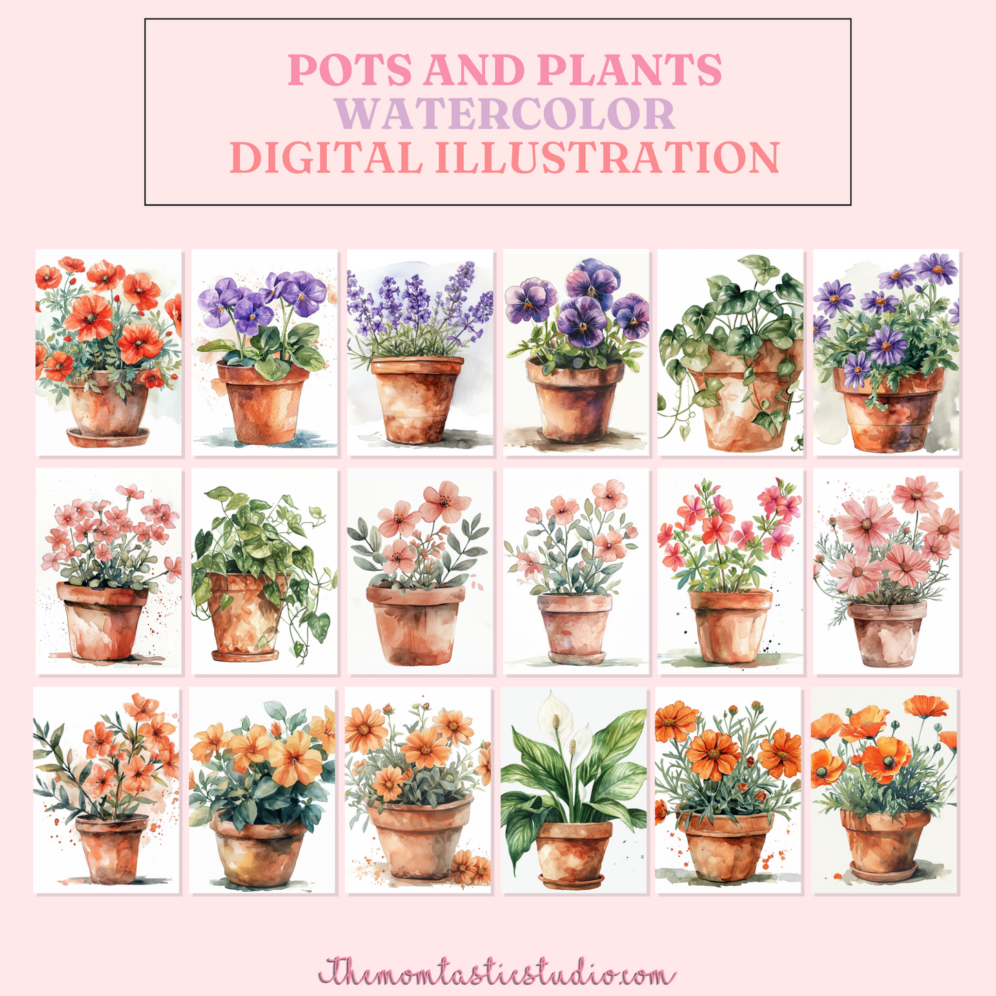 Pots and Plants Watercolor Digital Illustration 300DPI – Instant Download – Commercial Use