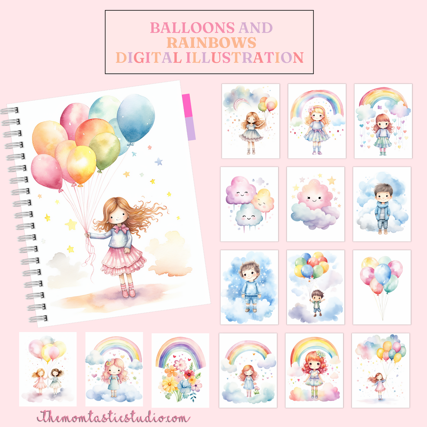 Balloons and Rainbows Watercolor Digital Illustration – Instant Download – High-Quality - 300 DPI - Commercial Use