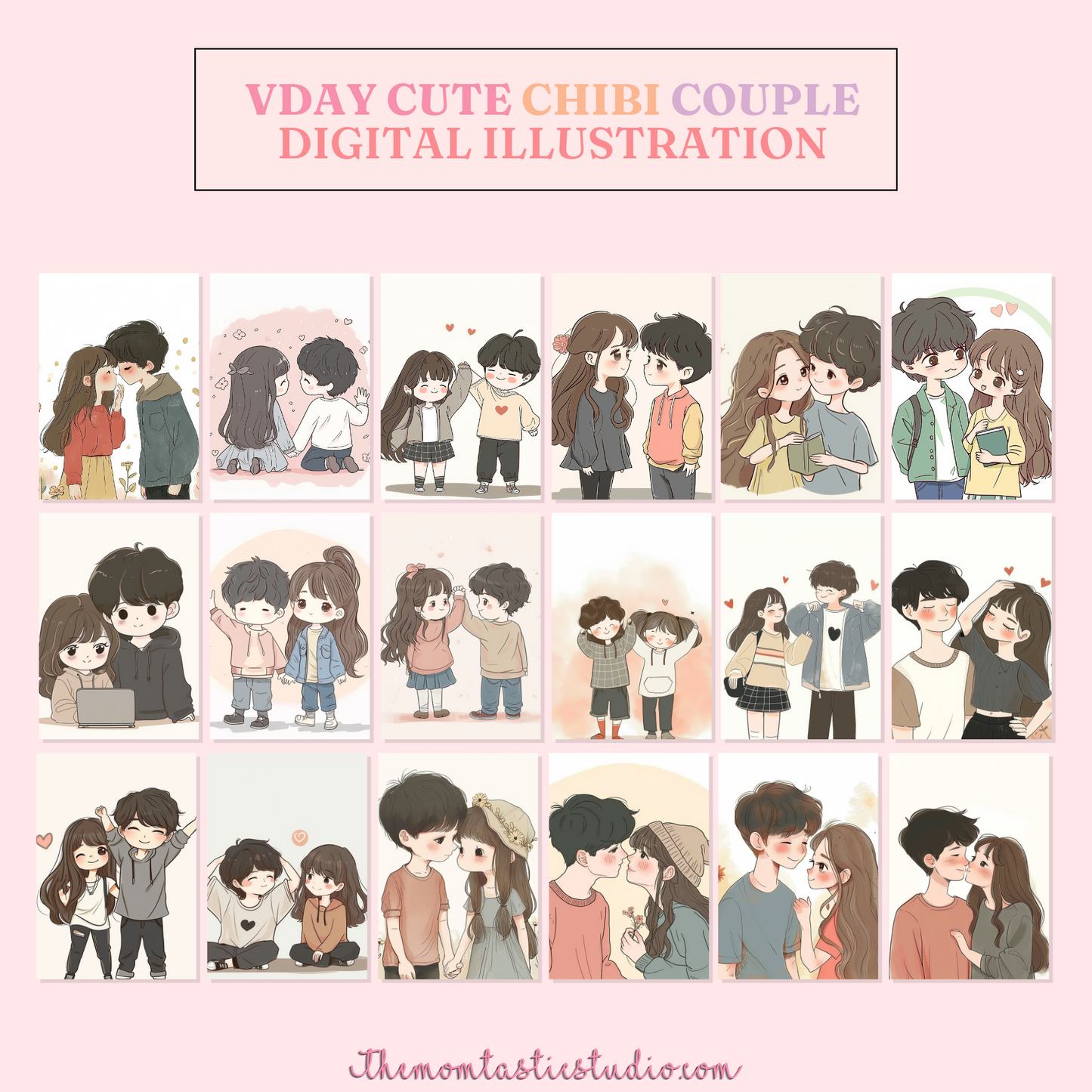 VDay Cute Chibi Couple Digital Illustration 300DPI – Instant Download – Commercial Use