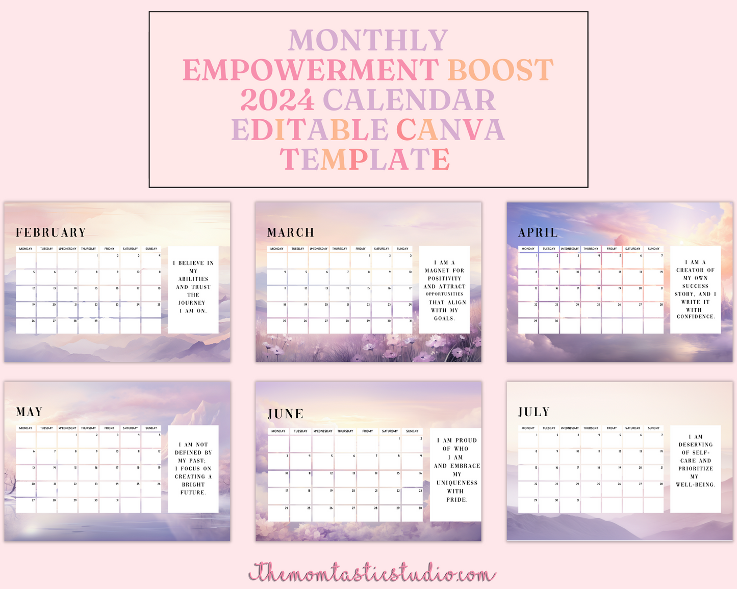 2024 Template | Affirmation Calendar Printable | Canva Editable | Commercial Use