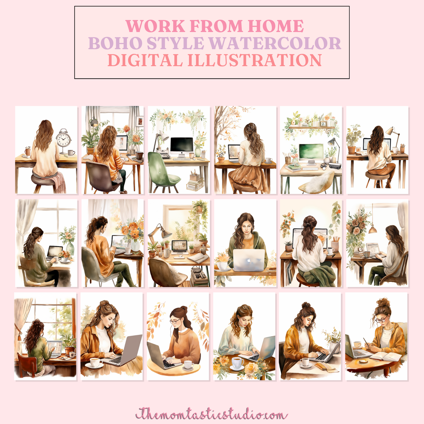 Work from Home Boho Style Digital Illustration 300DPI – Instant Download – Commercial Use