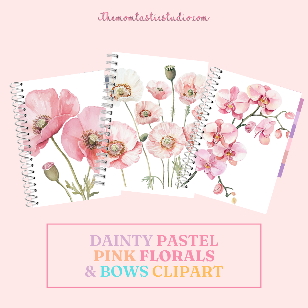 Dainty Pastel Pink Florals & Bows – Clipart Set - Planner Sticker - High-Quality PNG - Transparent Background - Commercial Use