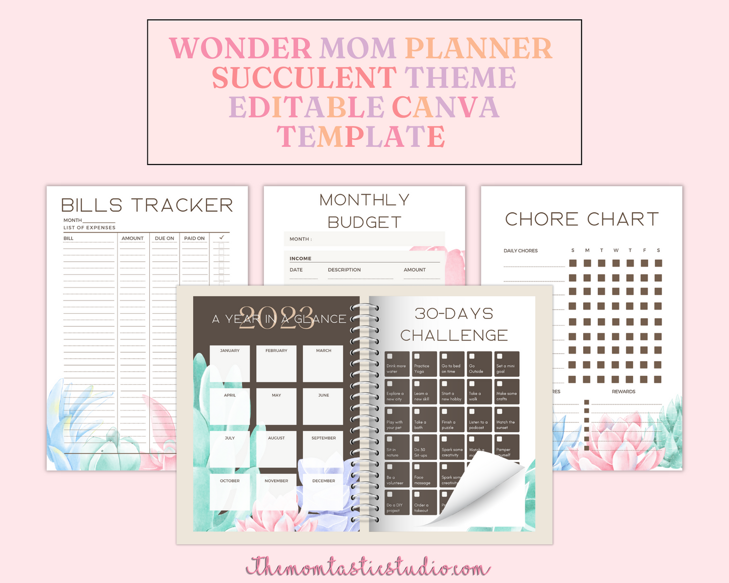 WonderMom Planner - Daily, Weekly, Monthly, Budget, Bills, Checklists, Lists, Notes, Reflections, Meal Plan, Chore Chart, Family Calendar, Shopping List Pages (Succulent Theme) - Canva Editable