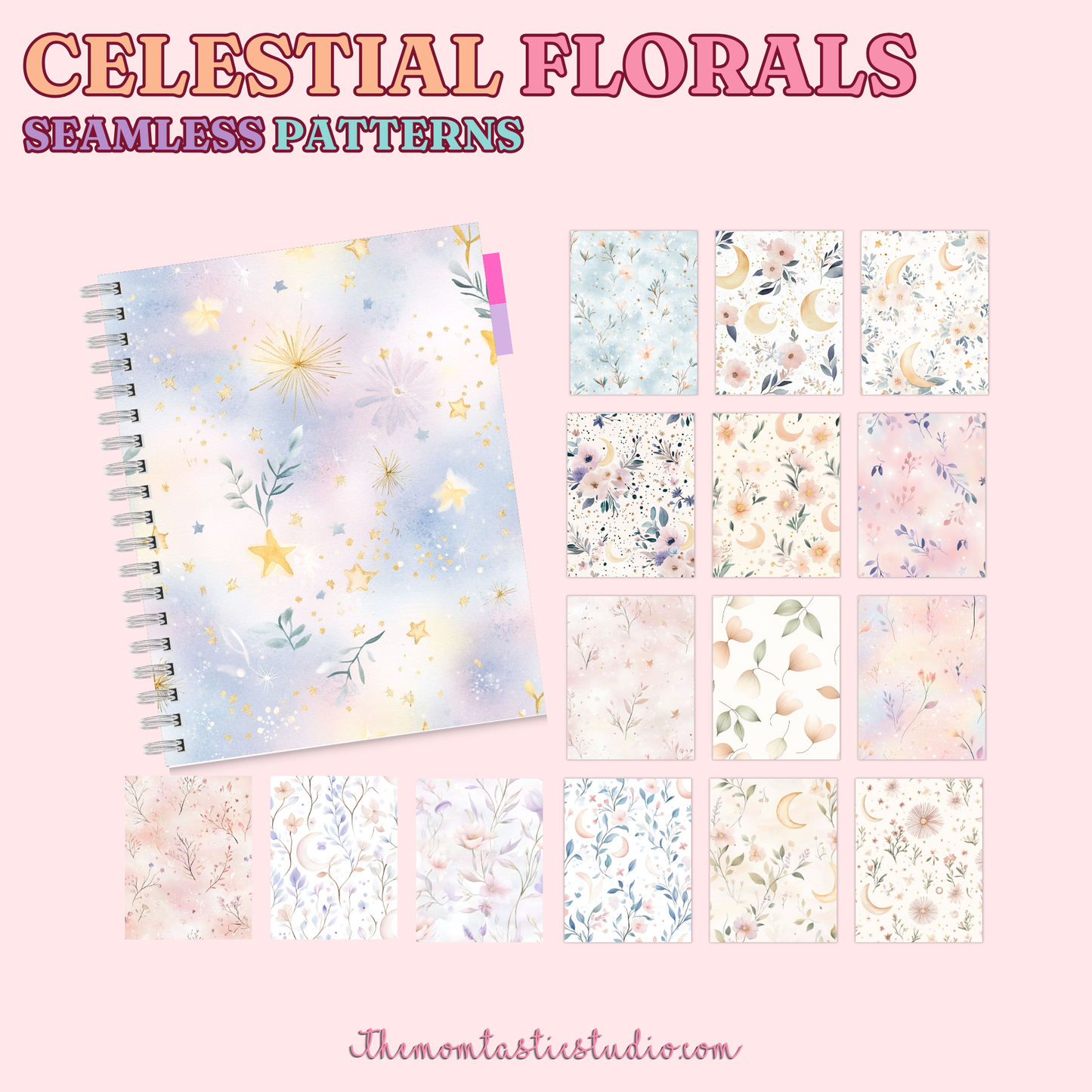 Celestial Florals Seamless Patterns for Commercial Use, Digital Paper - 300 DPI