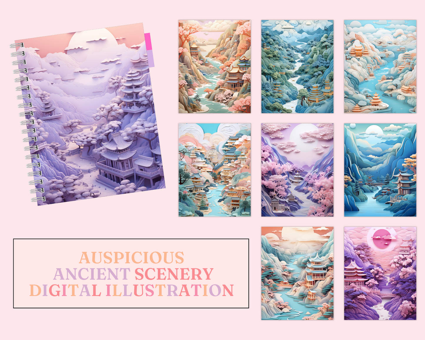 Auspicious Ancient Scenery Digital Illustration – Instant Download – Commercial Use